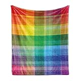 Ambesonne Vintage Rainbow Throw Blanket, Retro Plaid Design Checkered Squares Rainbow Colored Geometric Pattern, Flannel Fleece Accent Piece Soft Couch Cover for Adults, 50' x 60', Green Blue