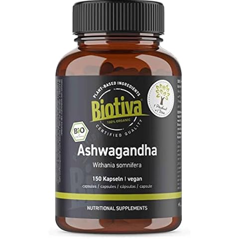 Biotiva Ashwagandha Organic Capsules - 1500mg Daily Dose - Withania Somnifera - Indian Ayurveda - 150 Capsules Without Additives - Highest Purity - Bottled in Germany (DE-ÖKO-005) Cover