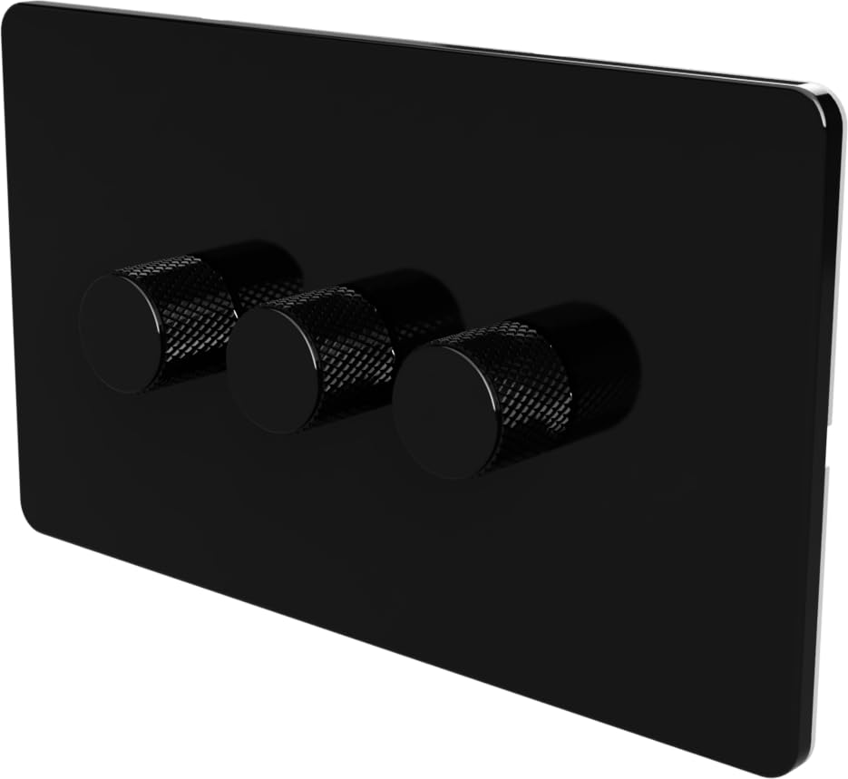 LED Dimmer Switch [Metal Knob/Plastic faceplate] 2-way Rotary Push On/Off for Dimmable LED and Halogen Lights, minimum brightness adjustable - Black 3-Gang — image 1