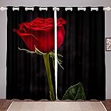 Cortinas para ventanas con rosas rojas, fondo negro, románticas, para dormitorio o salón, 137 x 117 cm