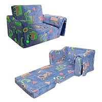 Decalsweet Foldable Kids Sofa,2 in 1 Flip Open Kids Sofa Bed with Pocket,Glow In The Dark Toddler Sofa for Bedroom Nursery Playroom,Construction