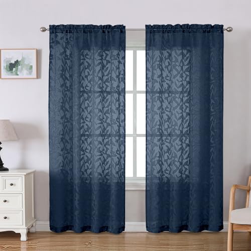 Lecloud Leia Navy Blue Sheer Curtains for Living Room Decor 78 Inches Long 2 Panels Set, Jacquard Leaf Textured Light Filtering Bedroom Curtains, Rod Pockets Airy Drapes, Each Panel 42" W x 78" L