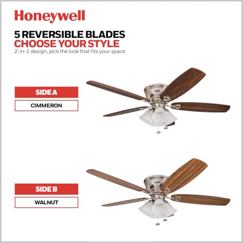 Honeywell Ceiling Fans Glen Alden, 52 Inch Classic Flush Mount Indoor LED Ceiling Fan with Light, Pull Chain, Quick-2-Hang Dual Finish Blades, Reversible Motor - 50182 (Brushed Nickel) - image 5