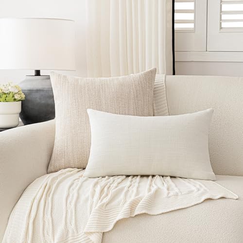 Image of Foindtower Set of 2 Decorative Textured Burlap Linen Throw Pillow Covers Farmhouse Boho Cushion Cover Solid Accent Pillowcase for Couch Sofa Bed Living Room Home Decor,18x18 Inch,Light Beige