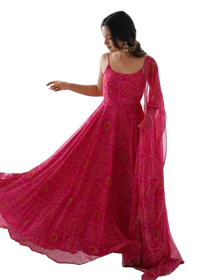 lv's trendz Women's Bandhani Printed Chiffon bandhej Anarkali Maxi Dress with Dupatta and Pant | Sleeveless Noodle Strap Ethnic Gown for Festive, Wedding & Party-picture-21