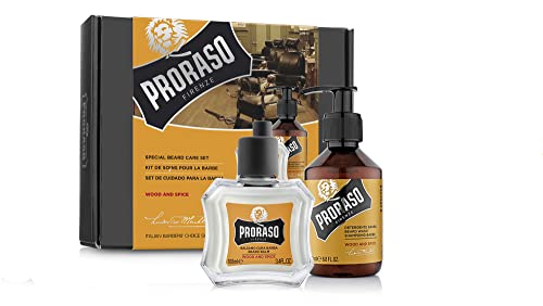 Proraso Beard Care Kit for Men | Beard Wash & Beard Balm to Cleanse, Soften and Reduce Itch for New or Short Beards | Wood & Spice Fragrance