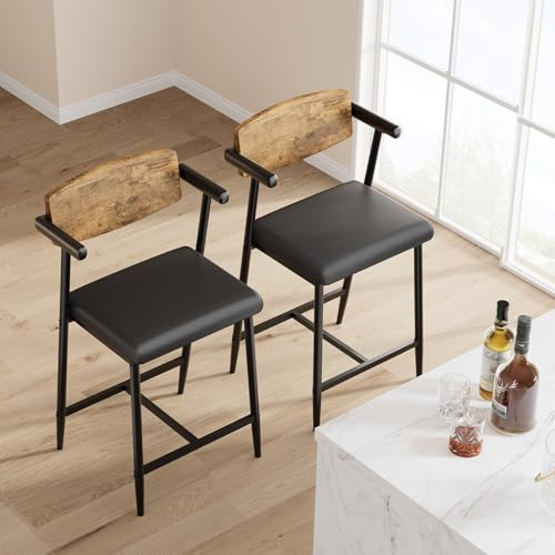 Image of GarveeHome Counter Height Bar Stools Set of 2 with Arms, 26 in Upholstered Modern Bar Stools Set with Wood Back & Footrest for Kitchen Island, Counter Bar, Wider Seat, Easy Assembly, Retro Brown