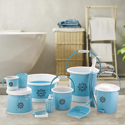Image of Liza Falcon Jumbo Plastic Deluxe Bathroom Set Bucket Mug Comfortable Stool (Set of 11, Brown)