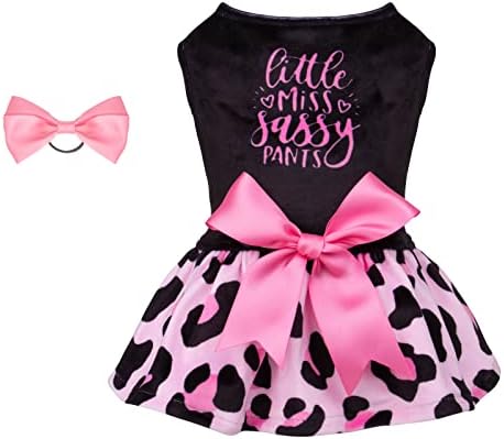 CuteBone Little Miss Sassy Pants Dog Leopard Print Dress Velvet for Small Dogs Girl Puppy Dresses Pink Dog Clothes CVA15XS-D