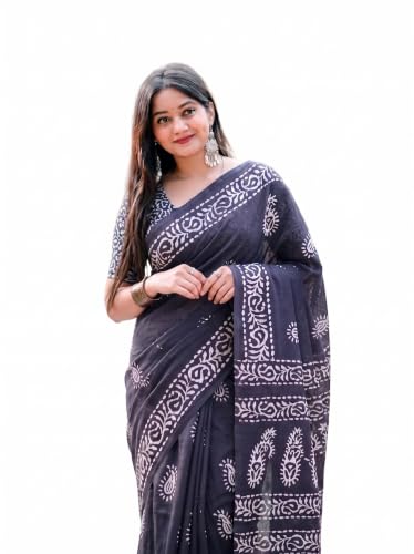 Image of Women's Pure Cotton Printed Saree with Traditional Batik Inspired Border Design, Soft Lightweight Daily Wear Saree with Unstitched Blouse Piece for Festive, Casual and Office Wear