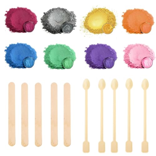 18PCS Mica Powder for Epoxy Resin, 8 Colours x 10g Pearlescent Resin Colour Pigment with Mixing Stick and Mini Double Headed Spoon for Soap Paint, Candle Color, Nail Polish, Bath Bombs