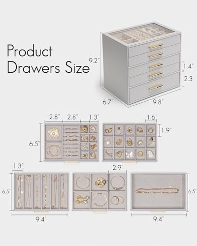 Vlando 5 Layer Jewelry Box for Women, Glass Lid Jewelry Organizer with 5 Drawers for Necklaces Rings Earrings Bracelets - Grey - Thumbnail 6