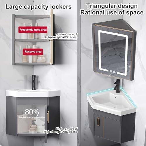 Modern Corner Bathroom Vanity with Ceramic Sink & Anti-Fog LED Mirror, Space-Saving Wall-Mounted Cabinet for Small Bathrooms, Stylish White Design (48cm/19)
