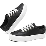 TUOPIN Women's Tennis Shoes White PU Leather Platform Sneakers Comfortable Lace-Up Walking Shoes Fashion Chunky Athletic Sneakers for Women（Black.US7