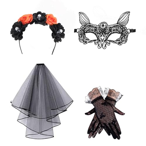 Lifreer Day of The Dead Womens Accessories, Halloween Flower Headband, Black Veil, Lace Eye Mask