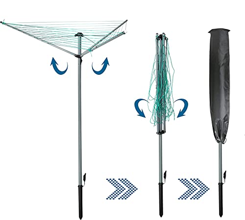DIEBA Heavy Duty 3 Arm Outdoor Rotary Clothes Airer/Dryer Washing Line with Metal Ground Spike & Water Proof Protective Cover Included - Outdoor Laundry Washing Line Ground Socket (30m)