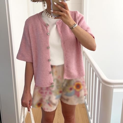 Image of Womens Button Up Short Sleeve Cardigans Sweater Cropped Lightweight Round Neck Elegant Knit Tops with Pockets