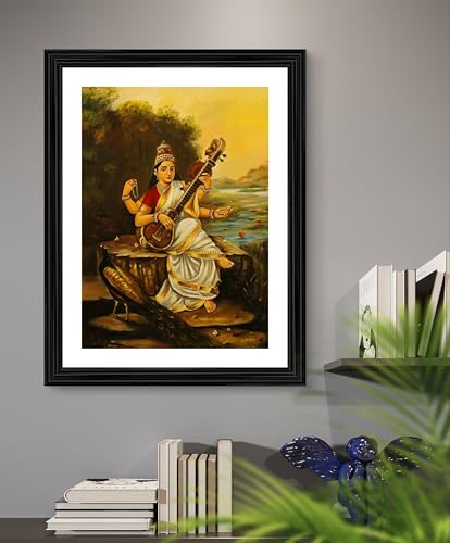 Image of Adventures� *Goddess Lakshmi & Saraswati Devi*- Two Paintings by Raja Ravi Varma, Set of 2 Wall D�cor Frames. Matt Satin Print with MDF & 1 inchPS Black Frame. Size 14 inchx18 inch each.