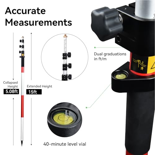 Image of 4.65m /15.25FT Aluminum Prism Pole - Dual Scale, Quick Release Clamp & 40-Minute Bubble Level, Survey GPS Pole for GPS /GNSS /Total Stations