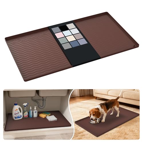 Image of URMONA Waterproof Silicone Under Sink Mat 34'' x 19'' Shelf Liner for Kitchen and Bathroom, Cabinet and Counter Protector, Storage and Organizers, Litter Mat, Pet Cat Puppy Essentials(Brown )