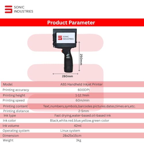 Image of SONIC INDUSTRIES Handheld Batch Coding Machine - Portable TIJ Inkjet Printer for Expiry Date, MRP & Barcode Printing | 600 DPI Industrial Coding Machine for Packaging, Manufacturing & Small Business