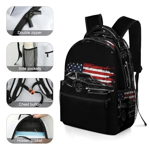 Muscle Car U.S.A. Flag Funny Backpack Casual Daypack Lightweight Shoulders Bag for Men Women Cute Print4