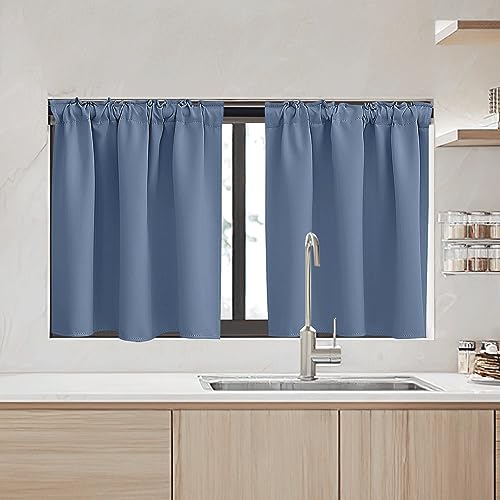 Image of RYB HOME Kitchen Window Curtains - Blackout Privacy Half Window Curtains for Bedroom Bathroom Dining Living Room Cafe Office Short Tiers Drapes, W 34 x L 36 inches, 2 Panels, Stone Blue