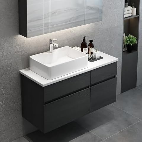 Weibath 31'' Bathroom Vanity Floating Bathroom Sink Cabinet with Ceramic Vessel Sink Black & White Wall Mounted Floating Vanity Cover