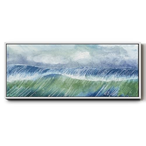 Renditions Gallery Floater Framed Home Decor Crashing Ocean Waves Canvas Painting and Prints for Bedroom Office Kitchen Lobby - 24"x60" White Frame LT618