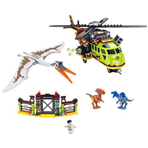 Modelo de Bloques de construcción de 582 Piezas de Dinosaurios del Mundo Jurásico, Helicóptero de Transporte, Base, Stygimoloch/Spinosaurus/Quetzalcoatlus Cover