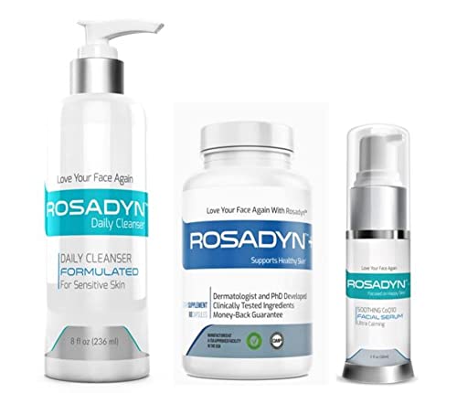 Rosadyn Rosacea Skin Care Products, Set of 3| Redness Relief Supplement, Cream Cleanser and Rejuvenating CoQ10 Face Serum
