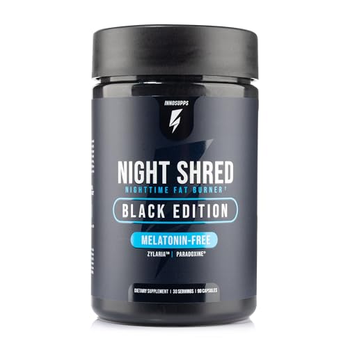 Night Shred Black Melatonin-Free Nighttime Fat Burner and Sleep Support Supplement - GABA Complex with Ashwagandha, CLA, Grains of Paradise, and Zylaria - Thermogenic Fat Burner - 90 Vegan Capsules