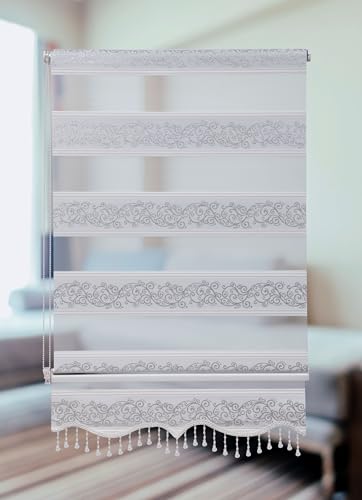 PlisseeOnline Doppelrollo Klemmfix ohne Bohren Weiß Silber mit Muster und...