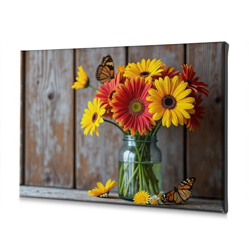 Toile murale décorative fleurs vase verre papillons 40 x 60 cm pour cadre moderne