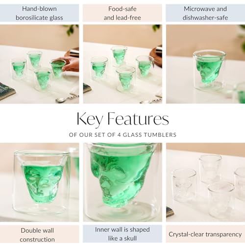 Image of Nestasia Set of 4 Skull Shaped Shot Glass Double Wall (100ml) | Dishwasher Safe, Transparent, Elegant | Stylish Glasses for Whiskey, Liquor, Cocktails, Vodka, Tequila