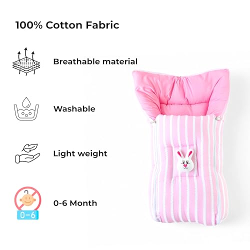 Image of VoiDrop Cotton Baby Sleeping Bag for Newborns Soft & Cozy Infant Carry Nest | Baby Portable Travelling Bed for Baby Carrying & co Sleeping, Unisex Baby Sleeping Bed | Stripe Print in Pink Color