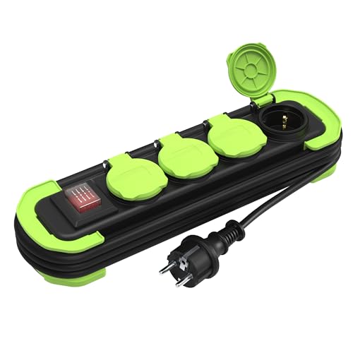 MutecPower Regletas enchufes IP44 regleta 4 enchufes con Interruptor para Exterior, alargador con 4 Tomas Contacto de protección con Tapas y Cable Enrollable de 3m 16A/250V H05RR-F3G1,5 Negro/Verde