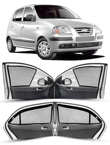Image of Autofact Magnetic Car Sunshades Compatible with Hyundai Santro Xing (2003 to 2018) (Set of 4) - Easy Installation, UV Protection (Front 2 Half-Cut for Side Mirror Visibility, Rear 2 with Zippers)
