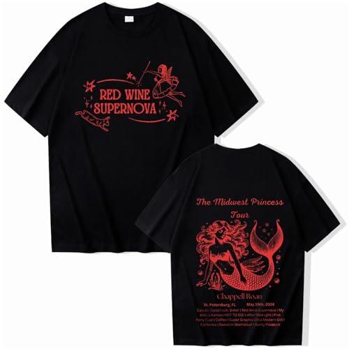 Photo de T-Shirts Femmes/Hommes Chappell Roan Tour 2025 Sweat-Shirt Unisexe À Manches Courtes Hip Hop Mode D'été T-Shirt en Coton À Manches Courtes Streetwear (Black,S)