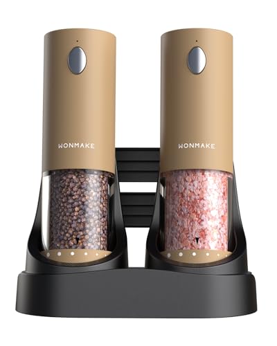Electric Salt and Pepper Grinder Set - Automatic Refillable Salt and Pepper Grinders with Charging Base & LED Light, 6-Level Adjustable Coarseness with External Dial, Ideal Kitchen Gadget，Brown