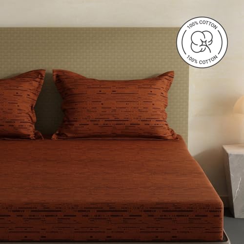 Image of Layers 100% Cotton Fitted Sheet for King Size Bed | Lumina Floret Collection | 144 TC Soft & Breathable | Stripes with 2 Pillow Covers | Wrinkle Free & Colorfast | 3 Pc Bedding Set - Brown