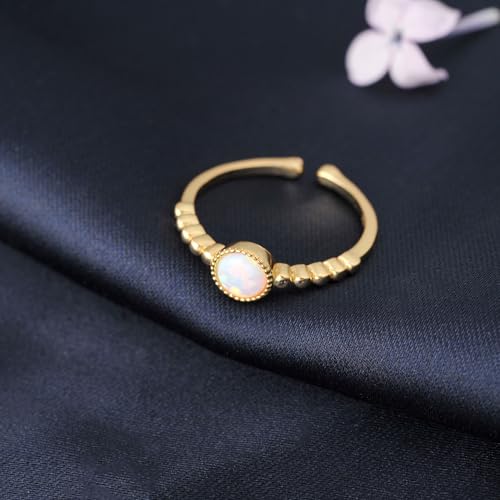 Vintage Victorian Style 14K Yellow Gold Plated 925 Sterling Silver 5mm Round Multi Colors White Fire Created Opal Solitaire Open Adujstable Ring for Women Daily Wedding October Birthstone4