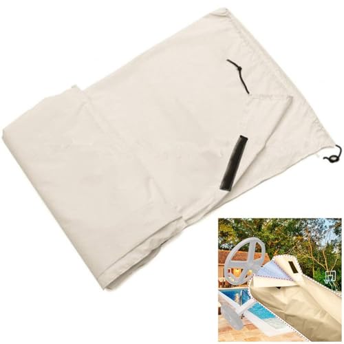 Cubierta protectora solar para carrete de piscina, 490 x 96 cm, tela Oxford recubierta de plata 190T, resistente al viento, con cordones de esquina y cierres de borde, para piscinas sobre el suelo y