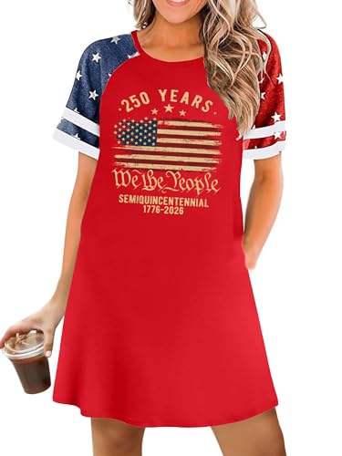 Image of YI XIANG RAN 4th of July Dress Women: American Flag Dresses USA Stars Stripes Shirt Patriotic Tshirt Summer Sundress