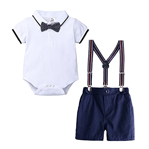 DINGDONG'S CLOSET Infant Baby Boys Gentleman Outfits Suits Bow Tie Short Sleeve T-Shirt+Bib Shorts Overalls Clothes Set (White, 18-24M)