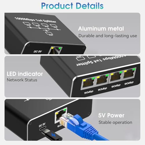Image of ZORBES USB C Ethernet Splitter 4 in 1 Ethernet Splitter,1000Mbps RJ45 LAN Internet with USB-C Interface Universal for Computer,Hub,Switch
