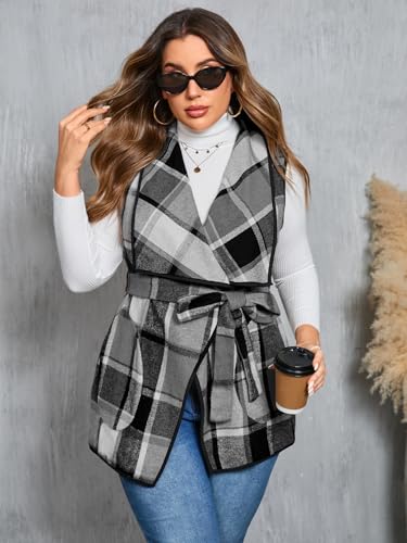 ZOMVA Women's Plus Size Plaid Long Vest Lapel Open Front Belted Sleeveless Shacket Casual Jackets Coat with Pockets Fall2