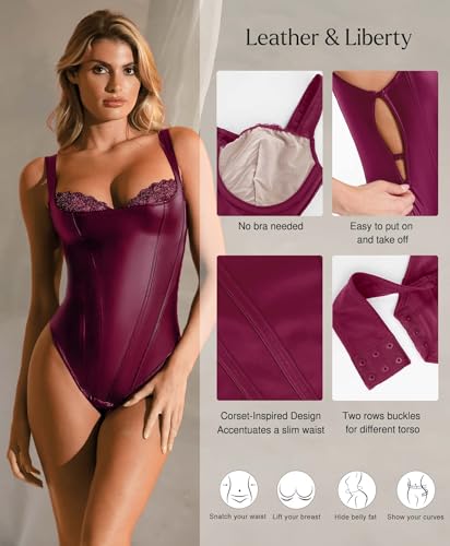 Image of Popilush Faux Leather Shapewear Bodysuit Lace Corset Body Suits for Womens | Tummy Control Shapewear,Thong Body Shaper,Compression Bodysuit Women,Corset Tops for Country Concert,Going Out Summer Outfit