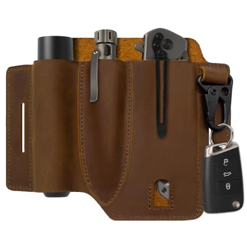 Jack&Chris Leather EDC Multitool Sheath for Belt, EDC Belt Organizer for Tools, EDC Pocket Organizer for Men with Pen Holder, Key Fob, Flashlight Sheath, Brown, JC302-8