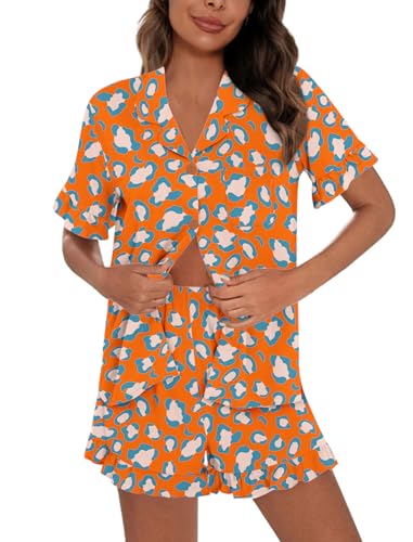 Image of SWOMOG Woman Pajama Set Short Sleeve Pjs Set 2Pcs Short Pajamas Button Down Ruffle Hem Sleepwear Soft Modal Loungewear